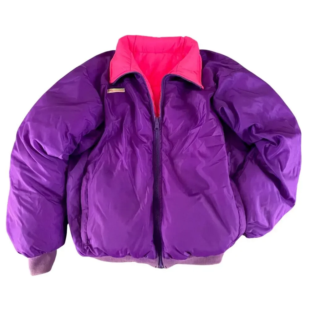 Vintage Columbia Reversible Down Puffer Jacket L Purple Pink 90s Colorblock Coat